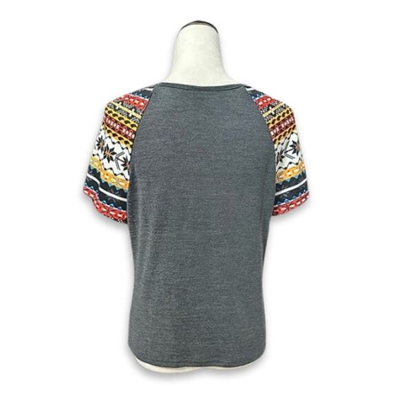 Shein T-Shirt Fair Isle Pattern Short Sleeves Scoop Neckline Gray/Multicolor L - Picture 4 of 8